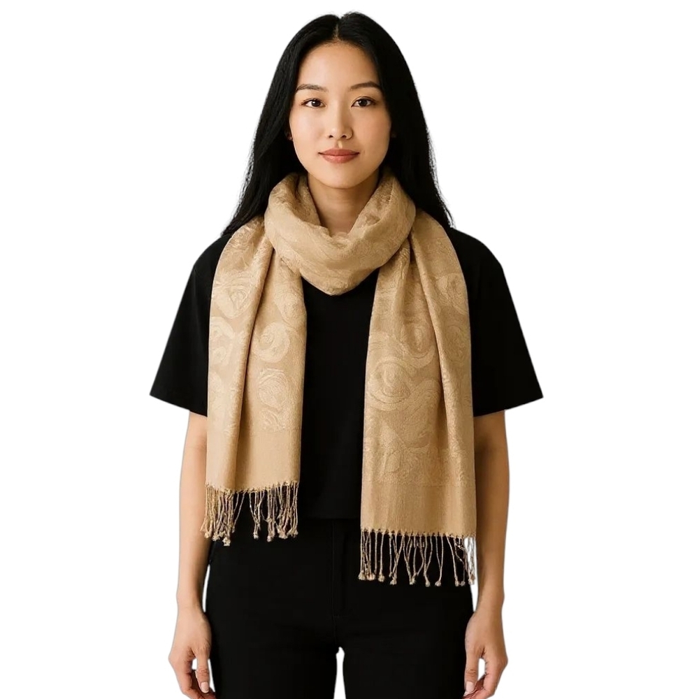 ​Echo Metallic Silk Wool Blend Fringed Wrap Scarf Italian Vintage